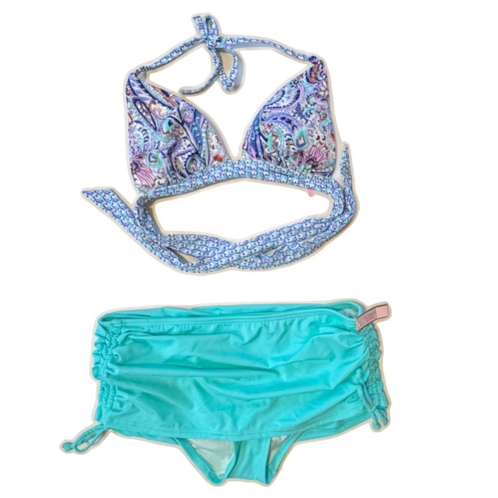 Victorias Secret Blue Boho Paisley Plunge Halter Mint Green Swim Skirt Small